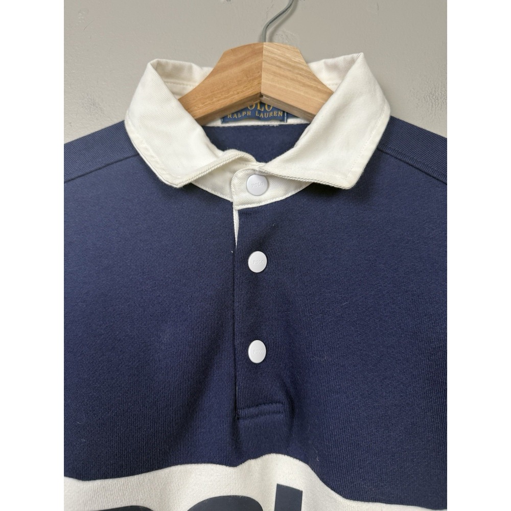 Polo Ralph Lauren Logo Spellout Rugby USA Colorblock Sweatshirt Blue White Shirt - Picture 4 of 9